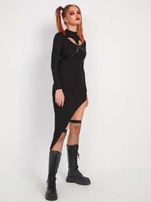 SHEIN Cut Out O-ring Strap Asymmetrical Hem Dress - Black - View 3
