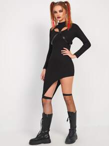 SHEIN Cut Out O-ring Strap Asymmetrical Hem Dress - Black - View 5