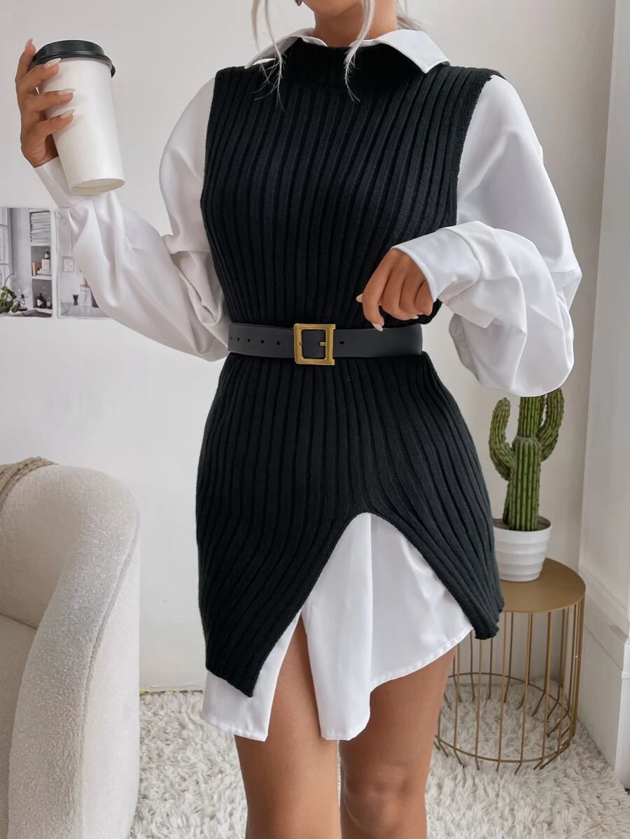 Áo dệt kim nữ Bất đối xứng màu trơn Giải trí - màu đen - Xem 1