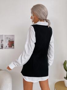 Áo dệt kim nữ Bất đối xứng màu trơn Giải trí - màu đen - Xem 2