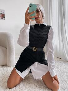 Áo dệt kim nữ Bất đối xứng màu trơn Giải trí - màu đen - Xem 5