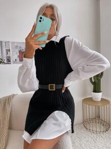 Áo dệt kim nữ Bất đối xứng màu trơn Giải trí - màu đen - Xem 6