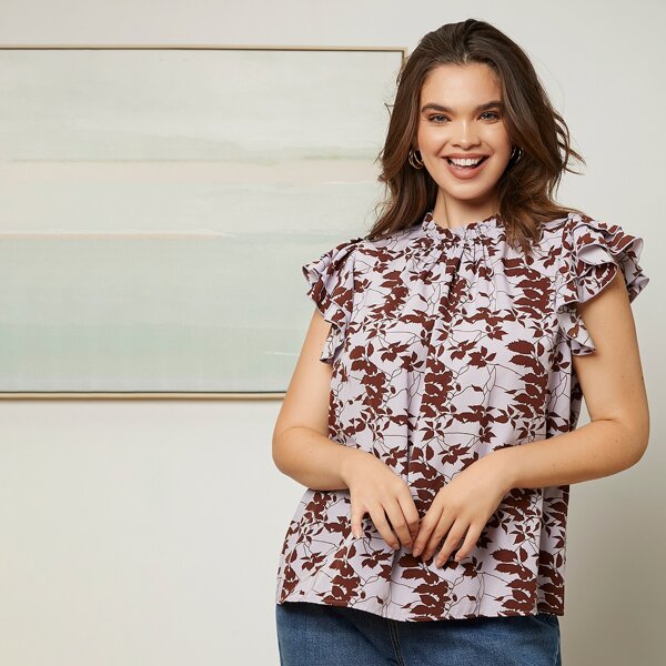

Plus Plant Print Layer Sleeve Frilled Neck Blouse, Multicolor
