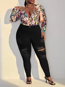 SHEIN SXY Plus Solid Ripped Skinny Jeans - Black - View 1