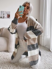 SHEIN LUNE Cárdigan largo de color combinado con parte delantera abierta de manga murciélago