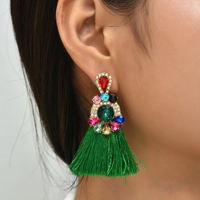 Rhinestone & Tassel Decor Earrings