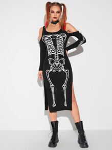 SHEIN Skeleton Print Cold Shoulder Split Thigh Dress - Black - View 1