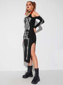 SHEIN Skeleton Print Cold Shoulder Split Thigh Dress - Black - View 3