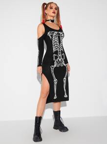 SHEIN Skeleton Print Cold Shoulder Split Thigh Dress - Black - View 4