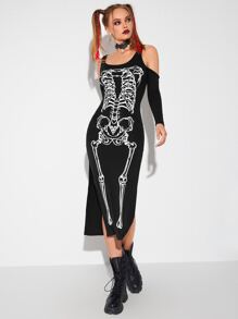 SHEIN Skeleton Print Cold Shoulder Split Thigh Dress - Black - View 5
