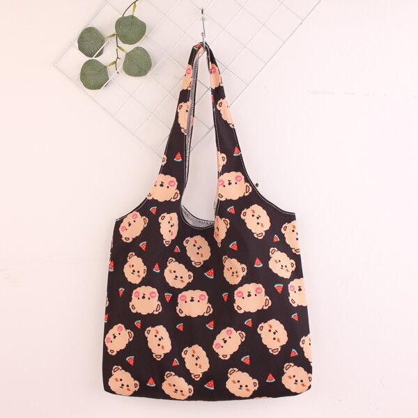 

Cartoon Bear Graphic Shopper Bag, Black