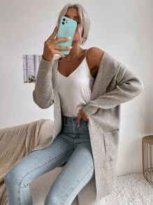 SHEIN Essnce 素色雙口袋連帽開襟開衫 - 灰色 - 查看 1