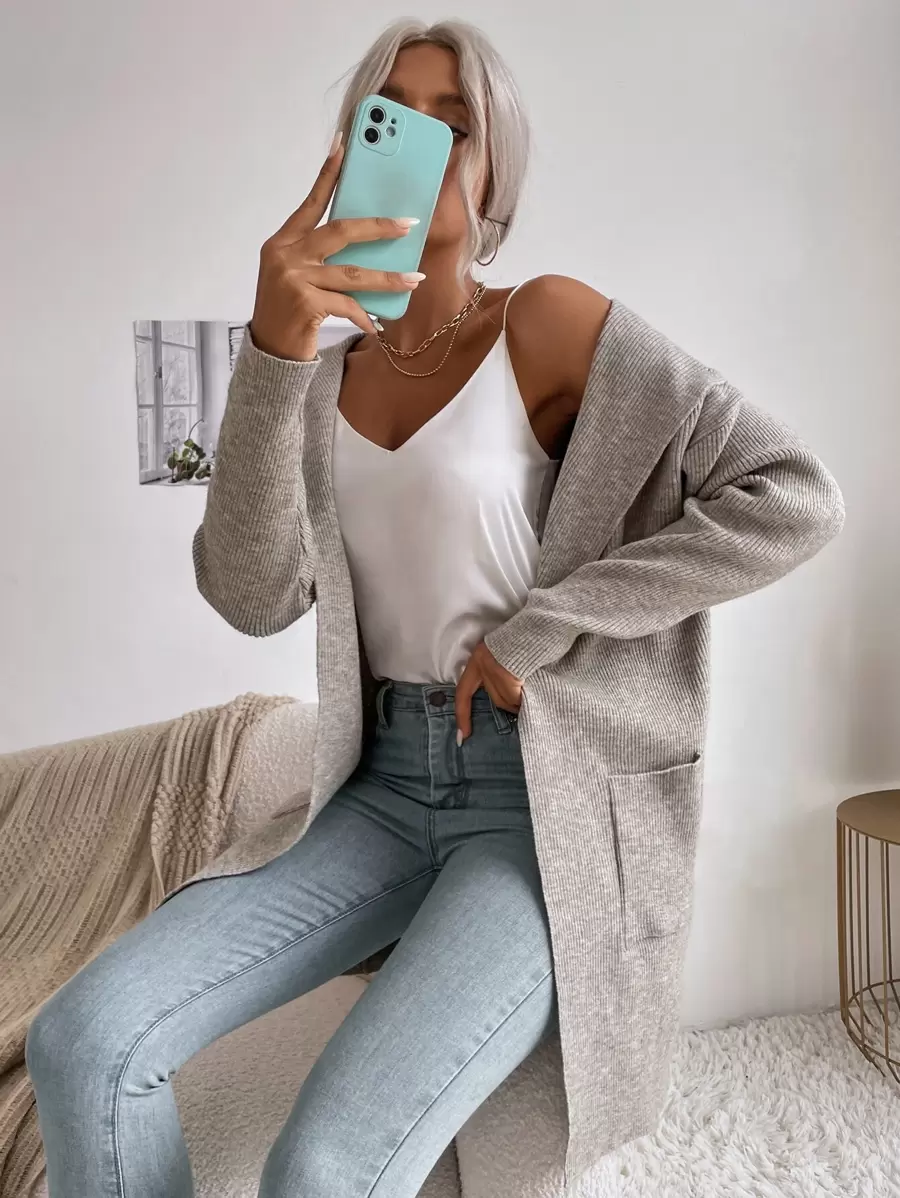 SHEIN Essnce 素色雙口袋連帽開襟開衫 - 灰色 - 查看 1