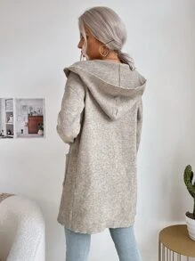 SHEIN Essnce 素色雙口袋連帽開襟開衫 - 灰色 - 查看 2