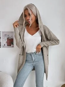 SHEIN Essnce 素色雙口袋連帽開襟開衫 - 灰色 - 查看 4