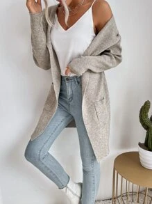 SHEIN Essnce 素色雙口袋連帽開襟開衫 - 灰色 - 查看 5