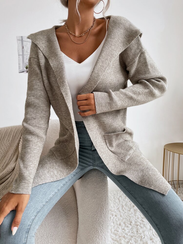 SHEIN Essnce 素色雙口袋連帽開襟開衫 - 灰色 - 查看 6