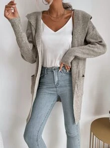 SHEIN Essnce 素色雙口袋連帽開襟開衫 - 灰色 - 查看 7