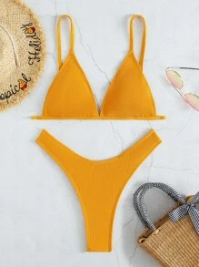 Plain Triangle High Cut Bikini, For Summer Beach Vacation - Mustard Yellow - View 1