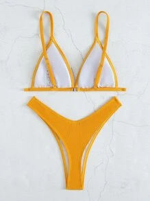 Plain Triangle High Cut Bikini, For Summer Beach Vacation - Mustard Yellow - View 2