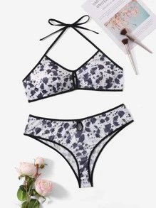 大碼潑墨鏤空內衣套裝 - 黑與白 - 查看 1