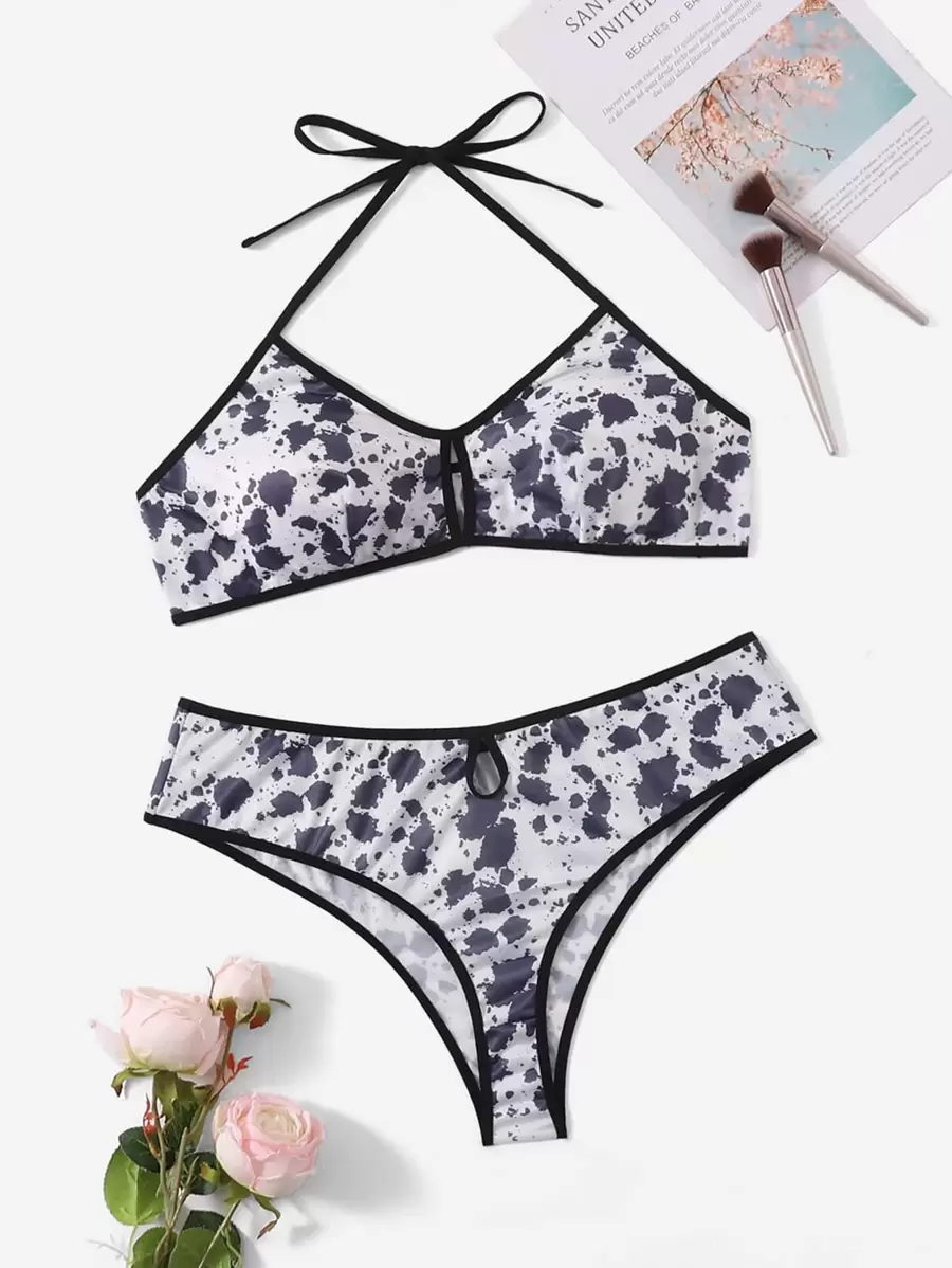 大碼潑墨鏤空內衣套裝 - 黑與白 - 查看 1