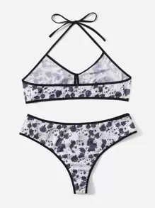 大碼潑墨鏤空內衣套裝 - 黑與白 - 查看 2