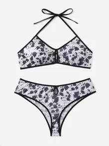 大碼潑墨鏤空內衣套裝 - 黑與白 - 查看 3