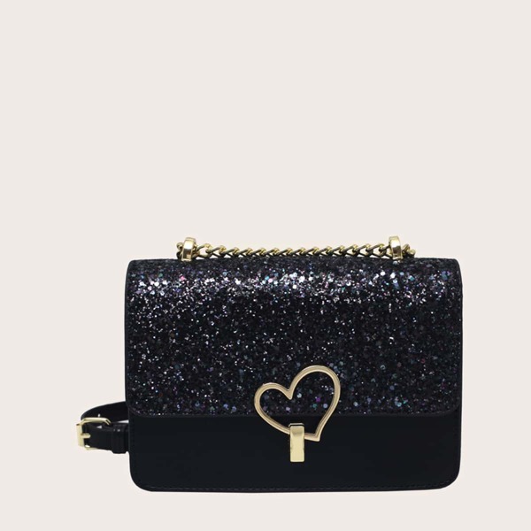

Heart Decor Glitter Flap Square Bag, Black