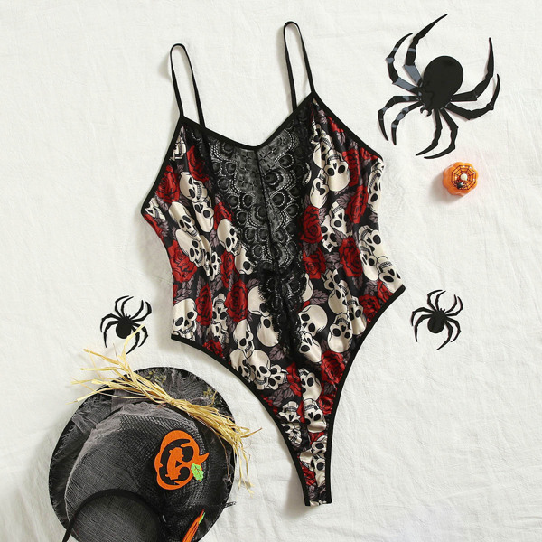 

Plus Halloween Skull & Floral Print Contrast Lace Teddy Bodysuit, Multicolor
