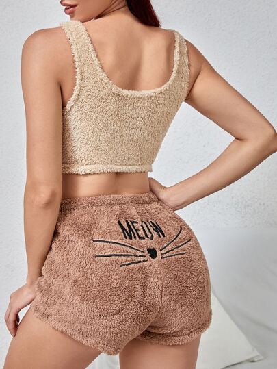 طقم بيجامات/ بدلة نوم من الفانيلا المطرزة بتصميم الكرتون القطعي