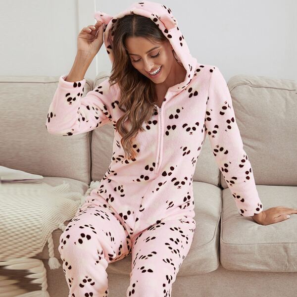 

Panda Pattern 3D Ear Patched Hooded Flannel Sleep Jumpsuit, Baby pink