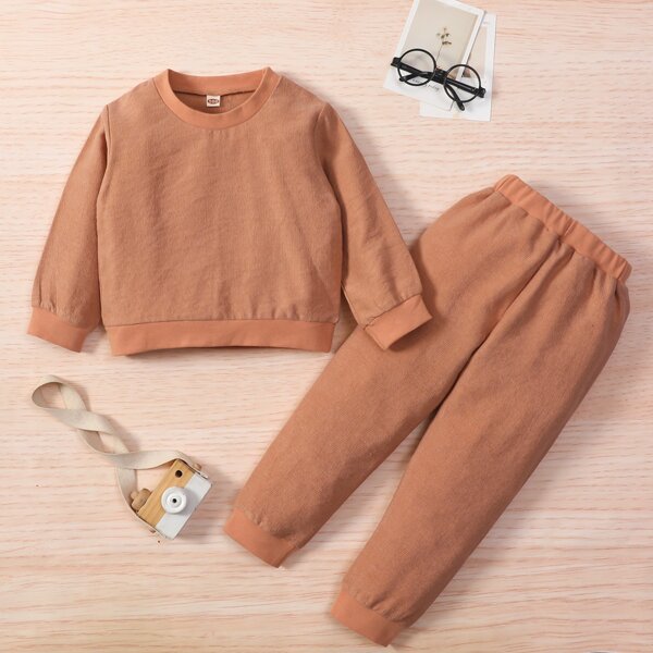 

Toddler Girls Solid Round Neck Sweatshirt & Sweatpants, Brown