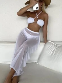 Swim Vcay Bãi biển mùa hè 3 gói Bikini trơn Criss Cross Halter & Quần che chắn - trắng - Xem 4