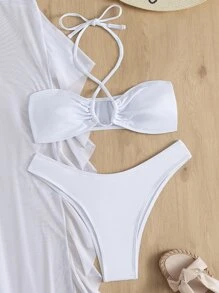 Swim Vcay Bãi biển mùa hè 3 gói Bikini trơn Criss Cross Halter & Quần che chắn - trắng - Xem 7