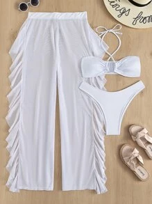 Swim Vcay Bãi biển mùa hè 3 gói Bikini trơn Criss Cross Halter & Quần che chắn - trắng - Xem 8
