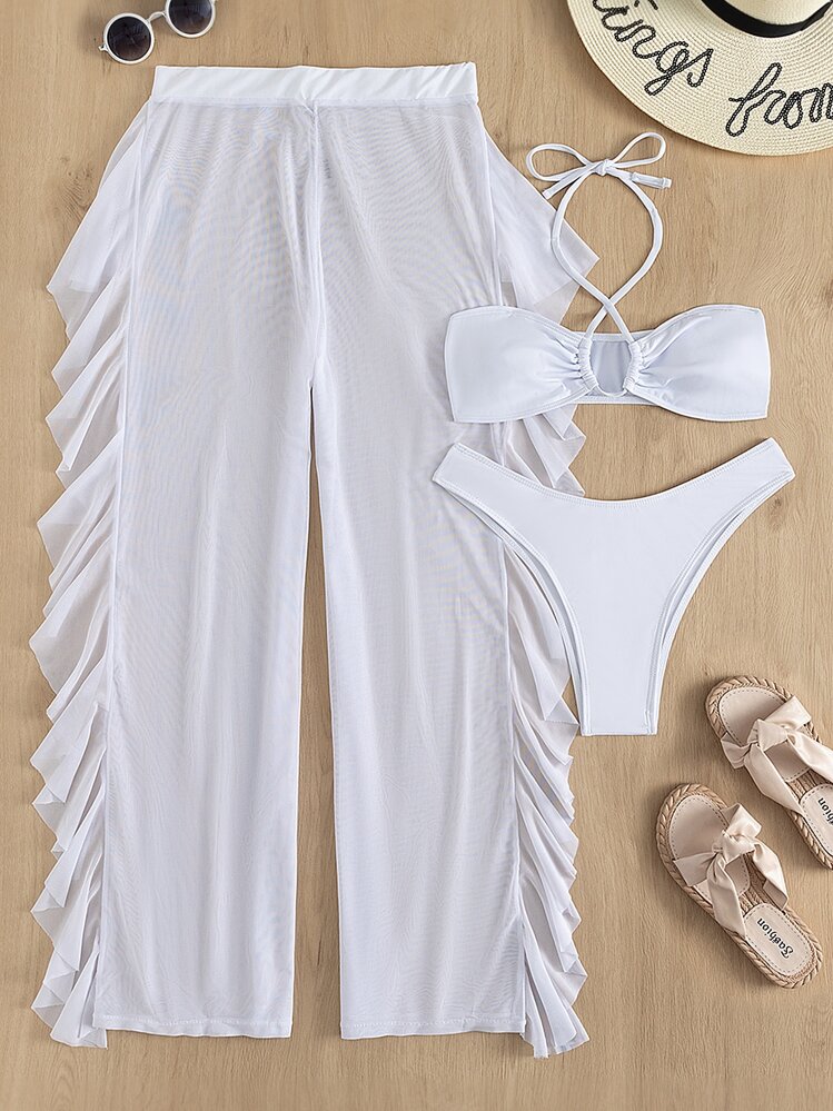 SHEIN Swim Vcay Summer Beach 3packs Plain Criss Cross Halter Bikini & Cover Up Pants - White - View 7