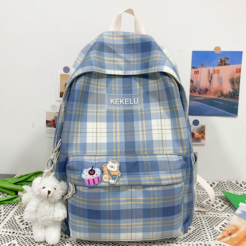 

Plaid Pattern Backpack, Blue