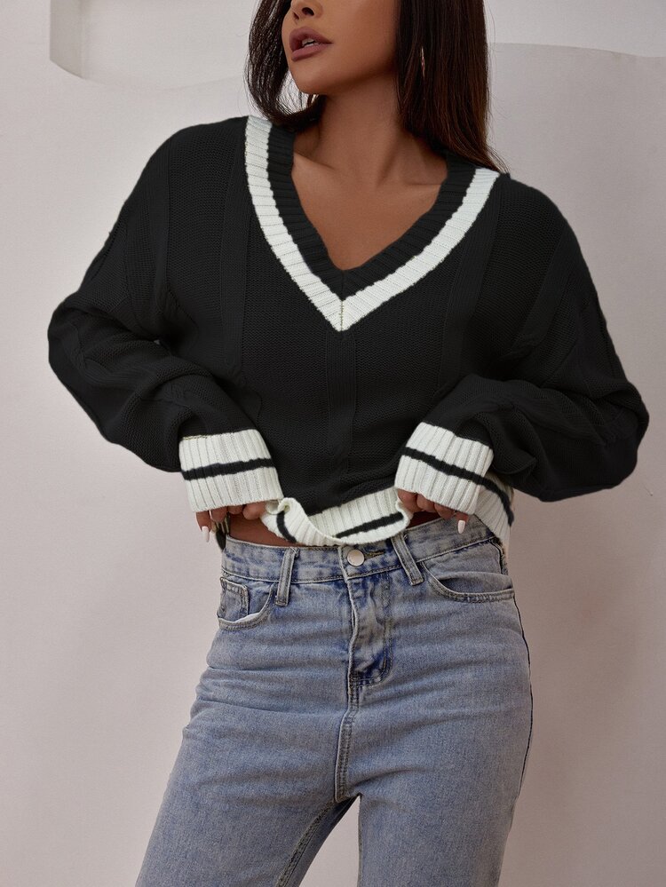 Drop Shoulder Striped Pattern Sweater - Black - View 1