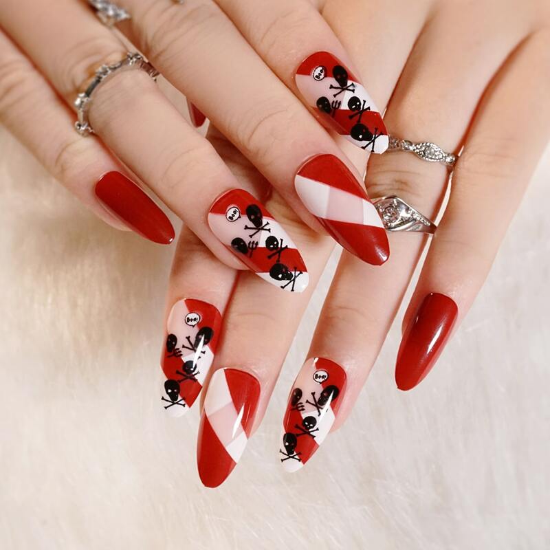 

24pcs Halloween Skull Pattern Fake Nail & 1sheet Tape & 1pc Nail File, Red