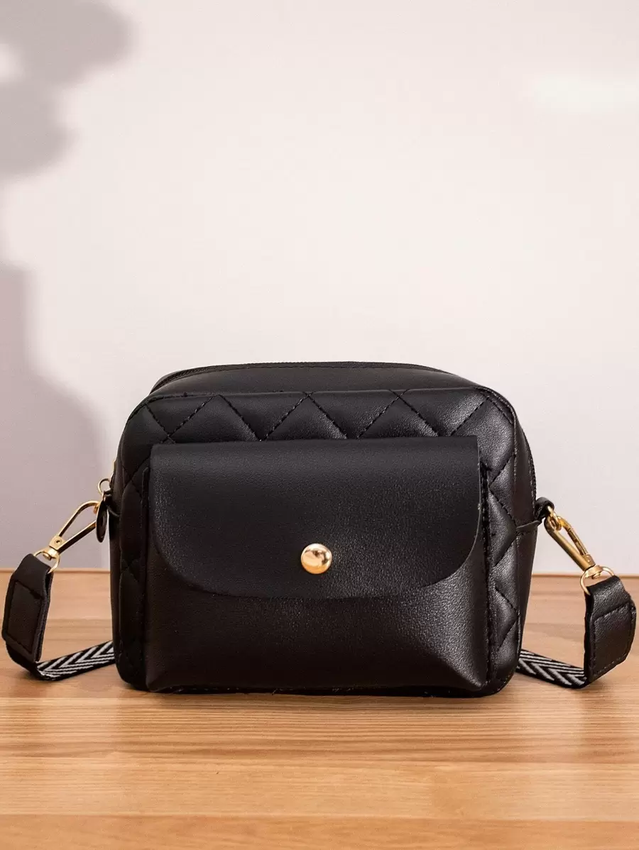 絎縫斜挎包 - 黑色 - 查看 1