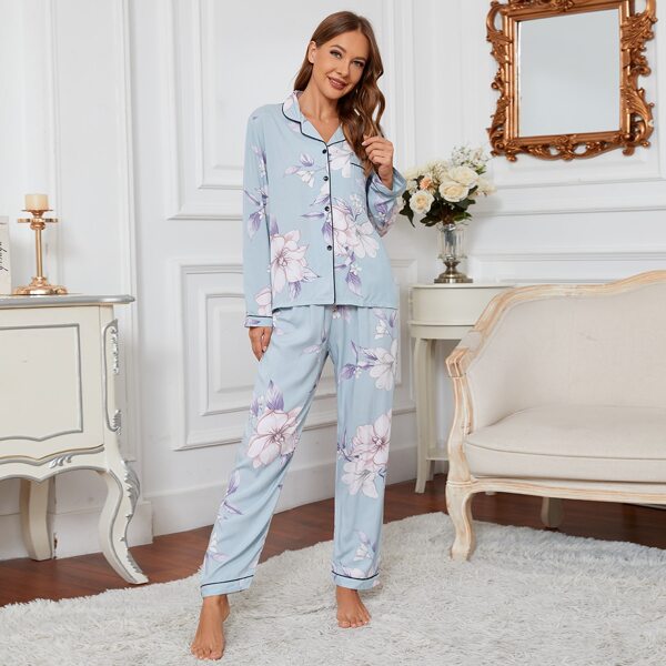 

Floral Print Contrast Piping PJ Set, Baby blue