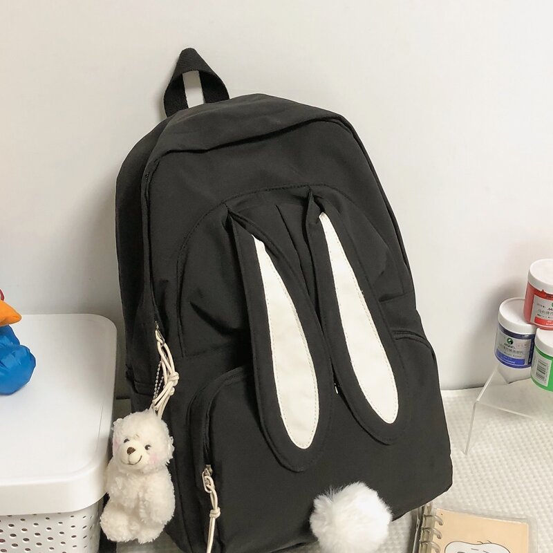 

Ear & Pom Pom Decor Backpack, Black