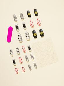 24Pcs Halloween Cartoon Graphic Fake Nail & 1Sheet Tape & 1Pc Nail File Press On Nails Nail Supplies Nails - Light Grey - View 2