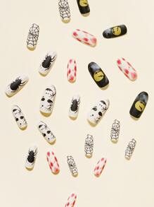 24Pcs Halloween Cartoon Graphic Fake Nail & 1Sheet Tape & 1Pc Nail File Press On Nails Nail Supplies Nails - Light Grey - View 4
