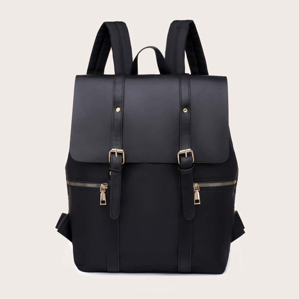 

Girls Buckle Detail Large Capacity Flap Backpack, Black