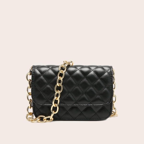 

Quilted Embossed Flap Chain Bag, Black