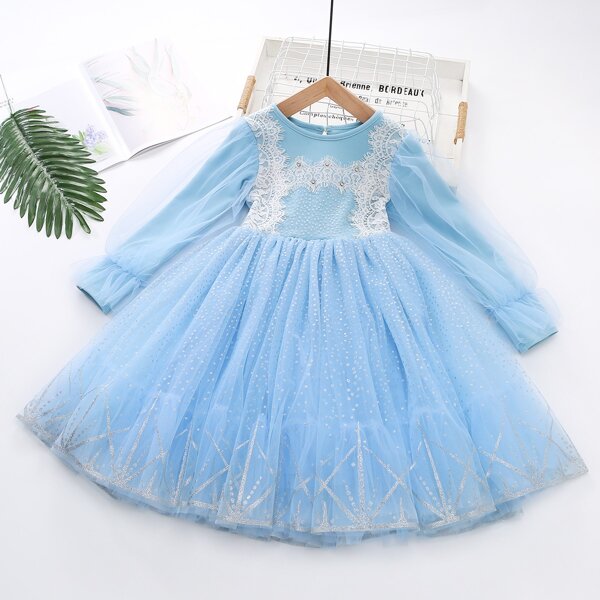 

Girls Rhinestone Contrast Eyelash Lace Flounce Sleeve Mesh Hem Gown Dress, Baby blue
