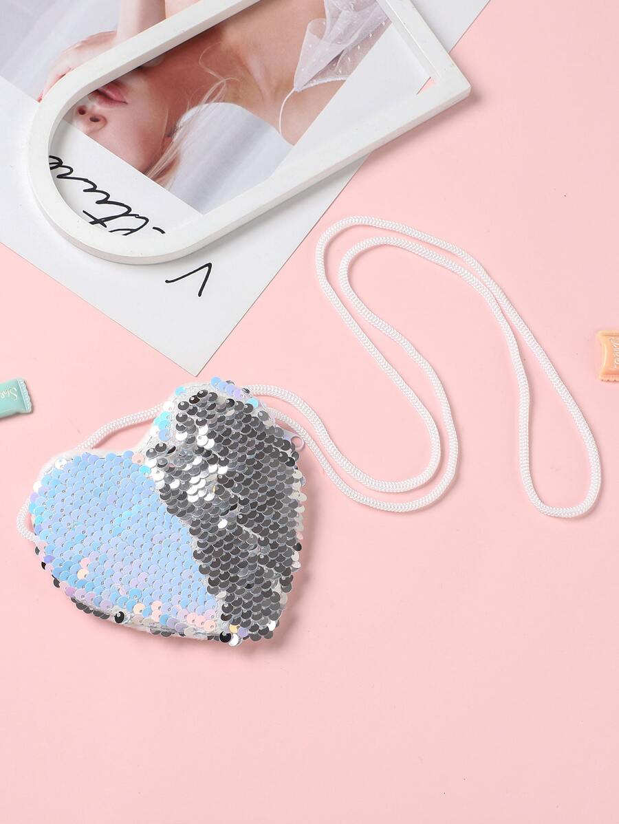 Heart Shaped Shiny Glitter Crossbody Bag For Kids, New Year Gift, Mermaid Sequin Reversible Coin Purse, Children Present - Multicolor - View 1
