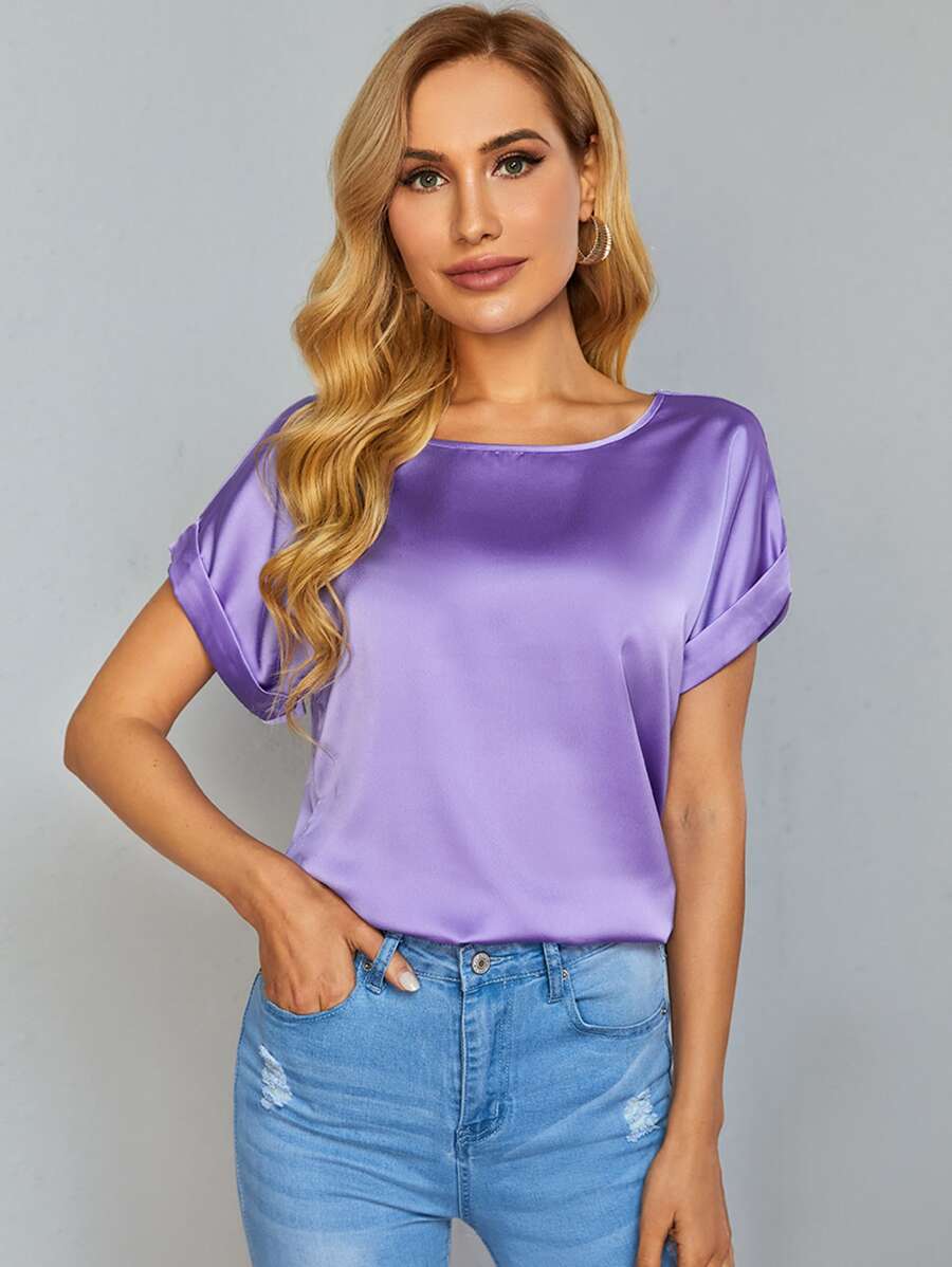 SHEIN Privé Rolled Cuff Batwing Sleeve Satin Top - Purple - View 1